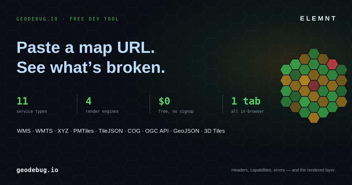 Eleven service types, four render engines, one URL box — a tour of geodebug.io
